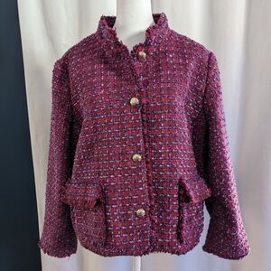 Talbots Tweed Fringe Houndstooth Dressy Jacket Top Size 14 P Gold Buttons